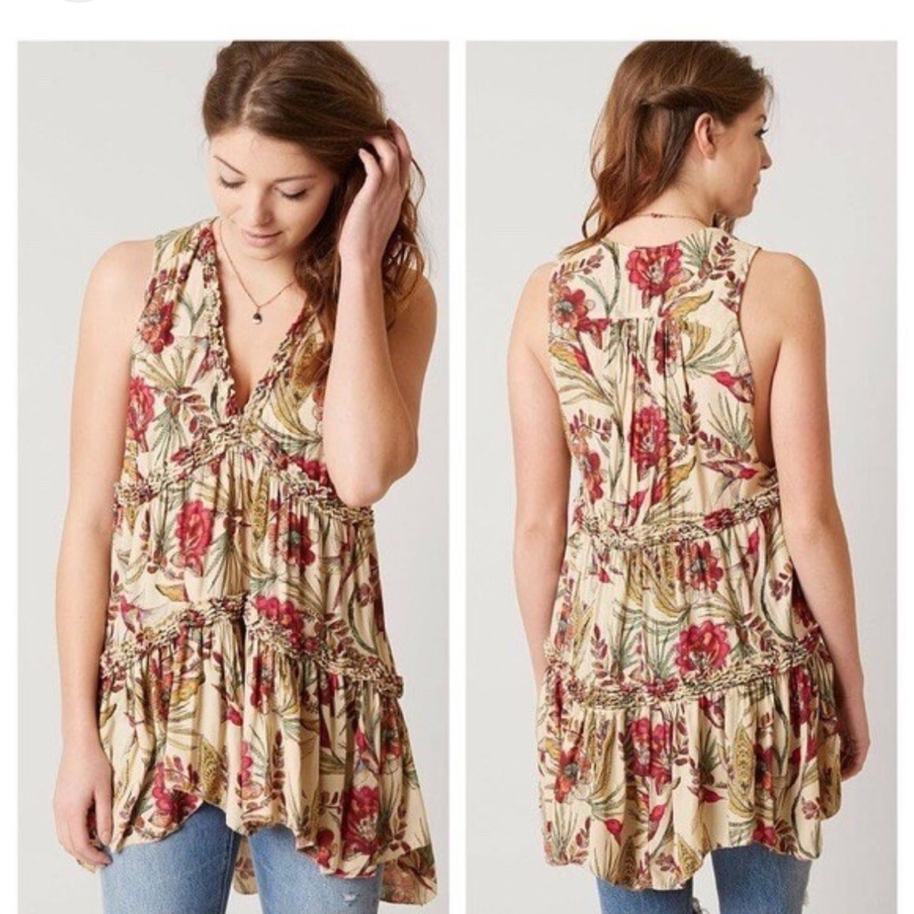 Free People Red and Cream Floral Tunic